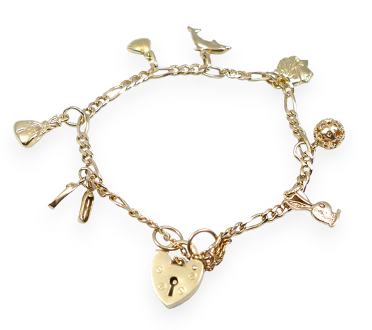 Vintage Solid 9ct Yellow Gold 19cm 7.5" Figaro Link Charm Chain Bracelet 13.2g