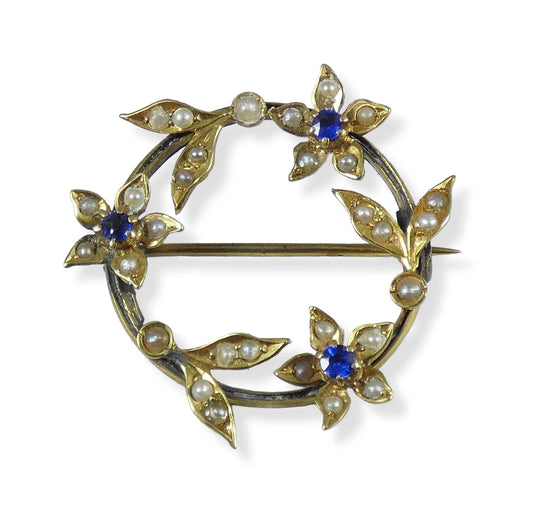 Antique Victorian 1890 15ct Yellow Gold Seed Pearl Flower Wreath Brooch Pin Blue